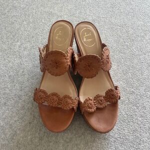 Jack Rogers Cognac Brown Leather Whipstitch Cork Wedge Platform Sandals Slides